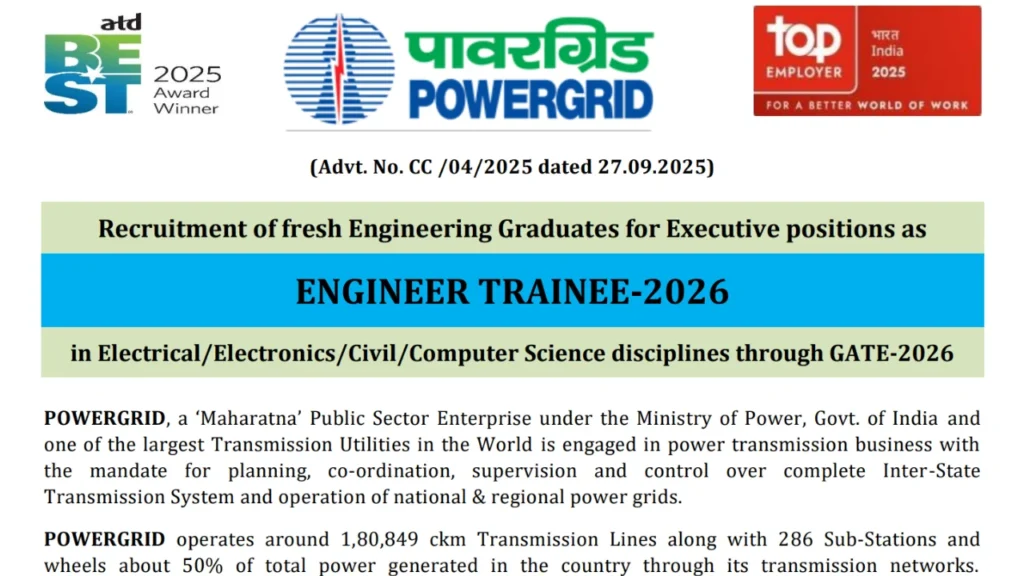 PGCIL Powergrid Executive Trainee Notification through GATE 2026 Out 1 PGCIL Powergrid Executive Trainee Notification through GATE 2026 Out