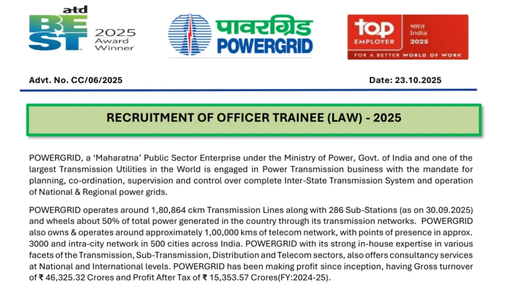 POWERGRID Recruitment 2025 Notification Out for Officer Trainee (Law), Check Details Now 1 POWERGRID Officer Trainee (Law) Recruitment 2025