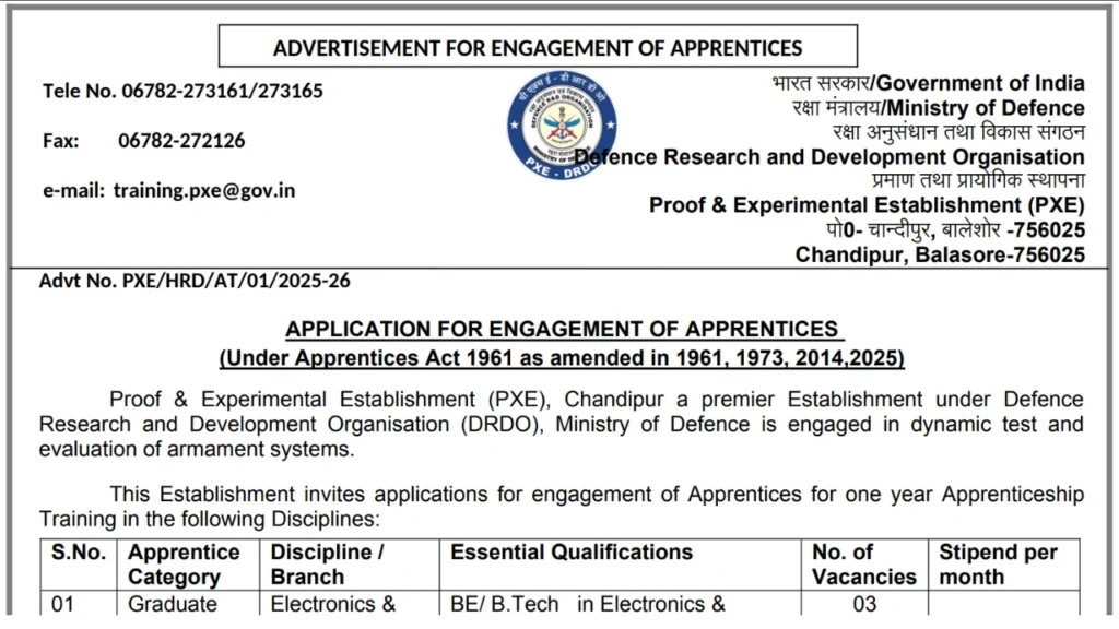 Proof & Experimental Establishment PXE Apprentice Recruitment 2025: Apply for 50 Vacancies 1 PXE Apprentice Recruitment