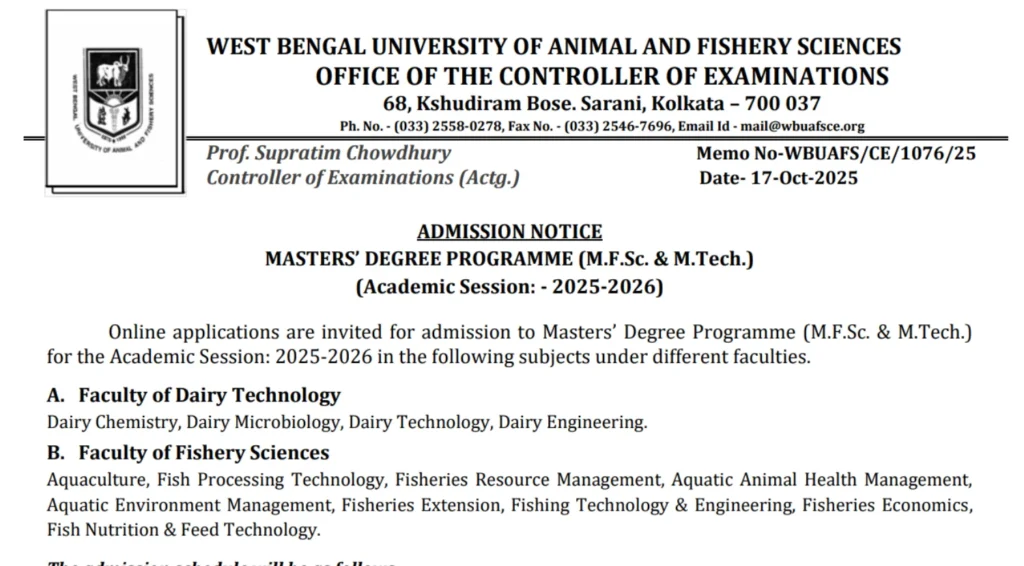WBUAFS PG Admission 2025: Check Details for M.F.Sc. & M.Tech in Dairy Technology and Fishery Sciences 1 WBUAFS PG Admission 2025 Out for M.F.Sc. & M.Tech in Dairy Technology and Fishery Sciences