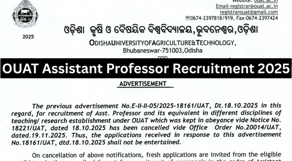 OUAT Assistant Professor Recruitment 2025 Notification Out, Apply Offline For 57 Posts 1 OUAT Assistant Professor Recruitment 2025