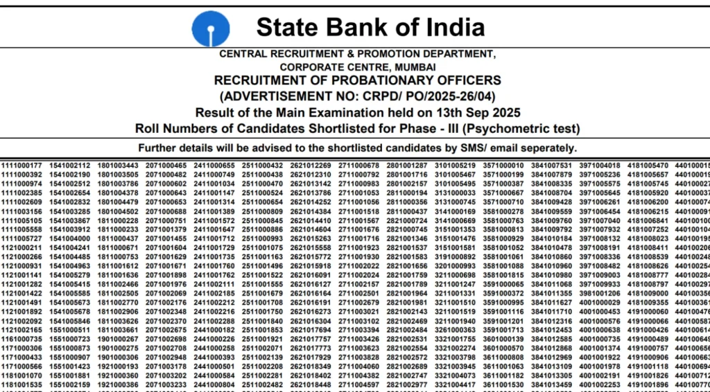 SBI PO Mains Result 2025 Out, Download Merit List and Check Psychometric Test Shortlist 1 SBI PO Mains Result 2025 Out, Download Scorecard and Check Psychometric Test Shortlist