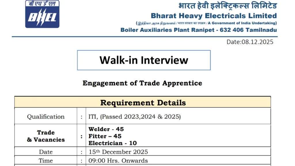 BHEL Ranipet Trade Apprentice Vacancy 2025: Walk-In-Interview for 100 Posts 1 BHEL Ranipet Trade Apprentice Vacancy 2025 Walk-In-Interview for 100 Posts