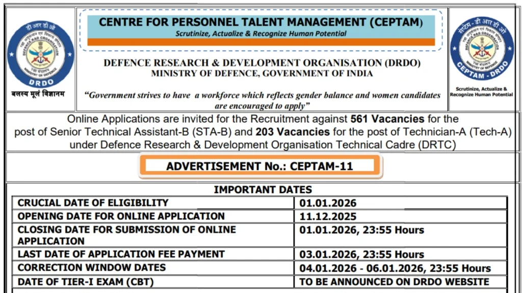 DRDO CEPTAM 11 Recruitment 2025, Apply for 764 Senior Technical Assistant B & Technician A Posts 1 DRDO CEPTAM 11 Recruitment 2025, Apply for 764 Senior Technical Assistant B & Technician A Posts