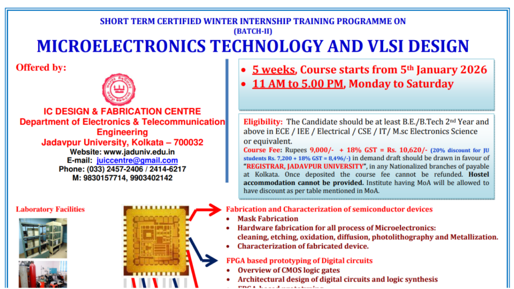 Jadavpur University Announces Winter Internship Programme on Microelectronics Technology and VLSI Design 2026 1 Jadavpur University Announces Winter Internship Programme on Microelectronics Technology and VLSI Design 2026