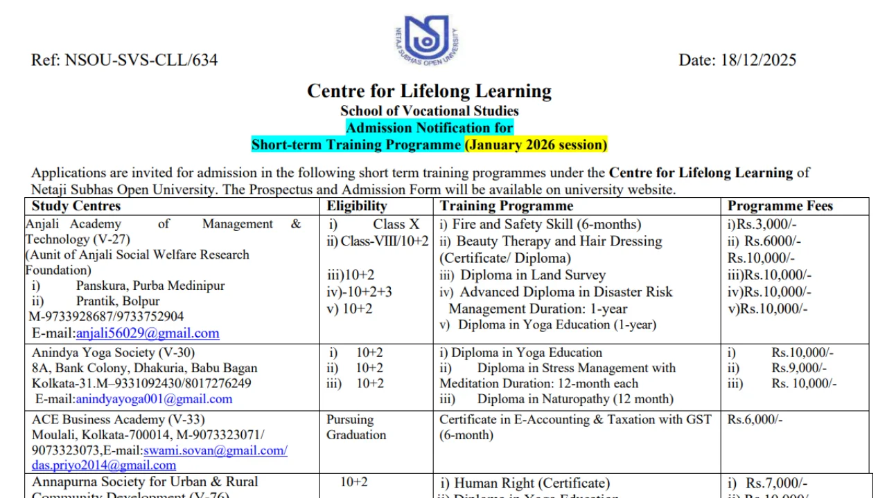 NSOU Gives Short-term Training Opportunity for Jan 2026 Session: Eligibility, Duration, Certificate