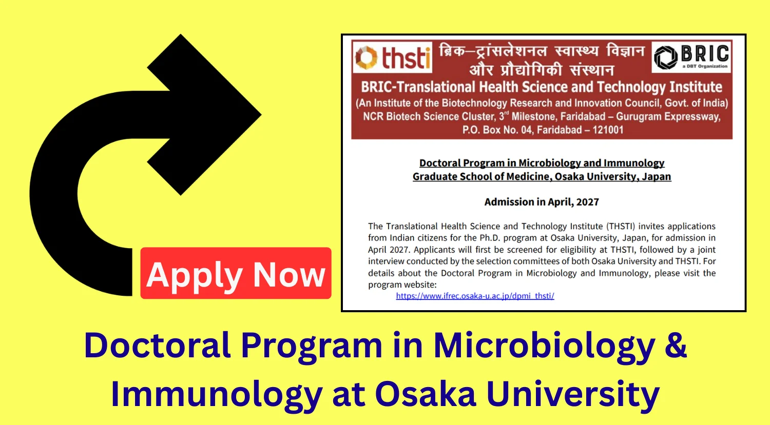 Doctoral Program in Microbiology Immunology at Osaka University 2027- THSTI Invites Applications
