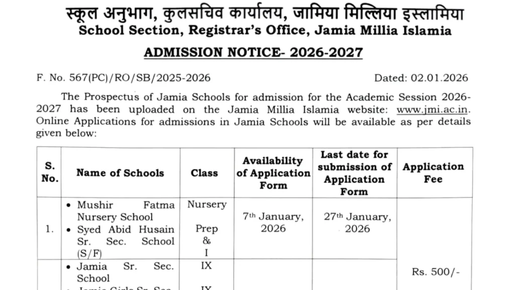 Jamia Millia Islamia School Admissions 2026-27 for Nursery to Class 11, Apply from 7th Jan 1 Jamia Millia Islamia School Admissions 2026-27 for Nursery to Class 11, Apply from 7th Jan