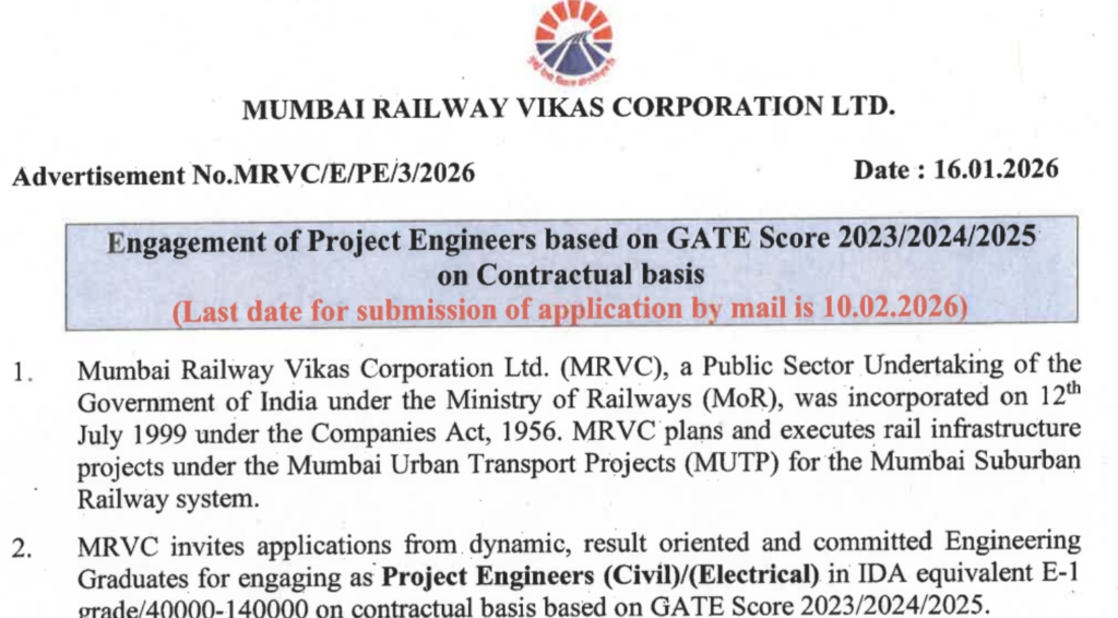 MRVC Recruitment 2026 Notification Out, Apply Online for Project and Drawing & Design Engineer 1 MRVC Recruitment 2026