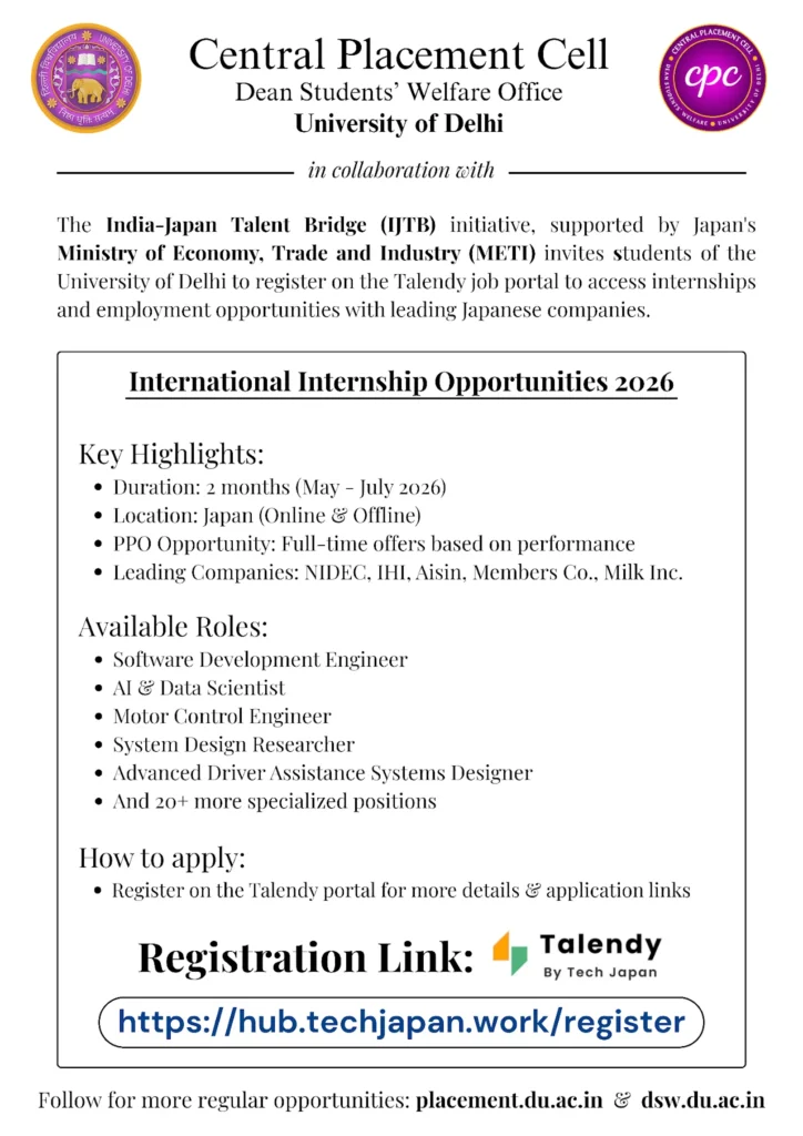 Delhi University IJTB Internship 2026 Notification: Register for 2-Month Japan Internships 2 University of Delhi IJTB Internship 2026 Notification